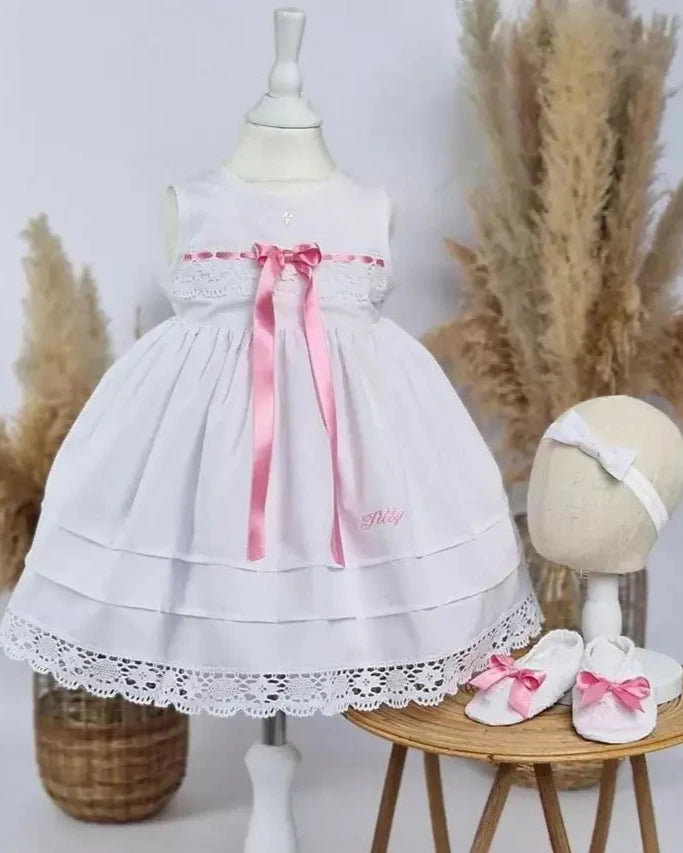 MIA Taufkleid mit Stirnband und Schuhen für Mädchen, Baumwolle, Blumenmädchenkleid