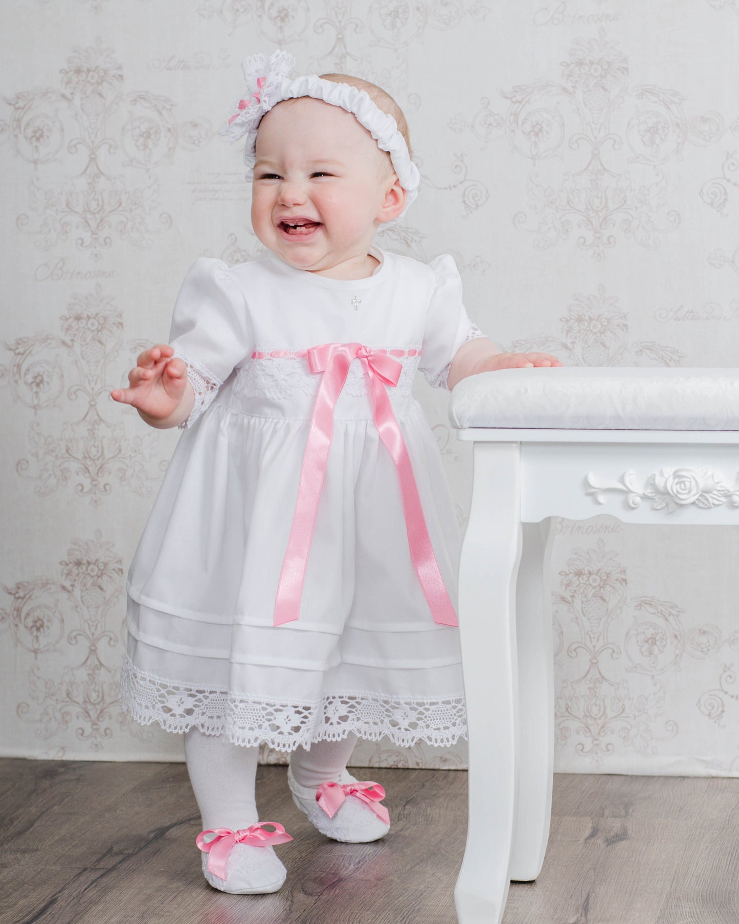 MARIA Taufkleid mit Stirnband und Schuhen für Mädchen, Baumwolle, Blumenmädchenkleid