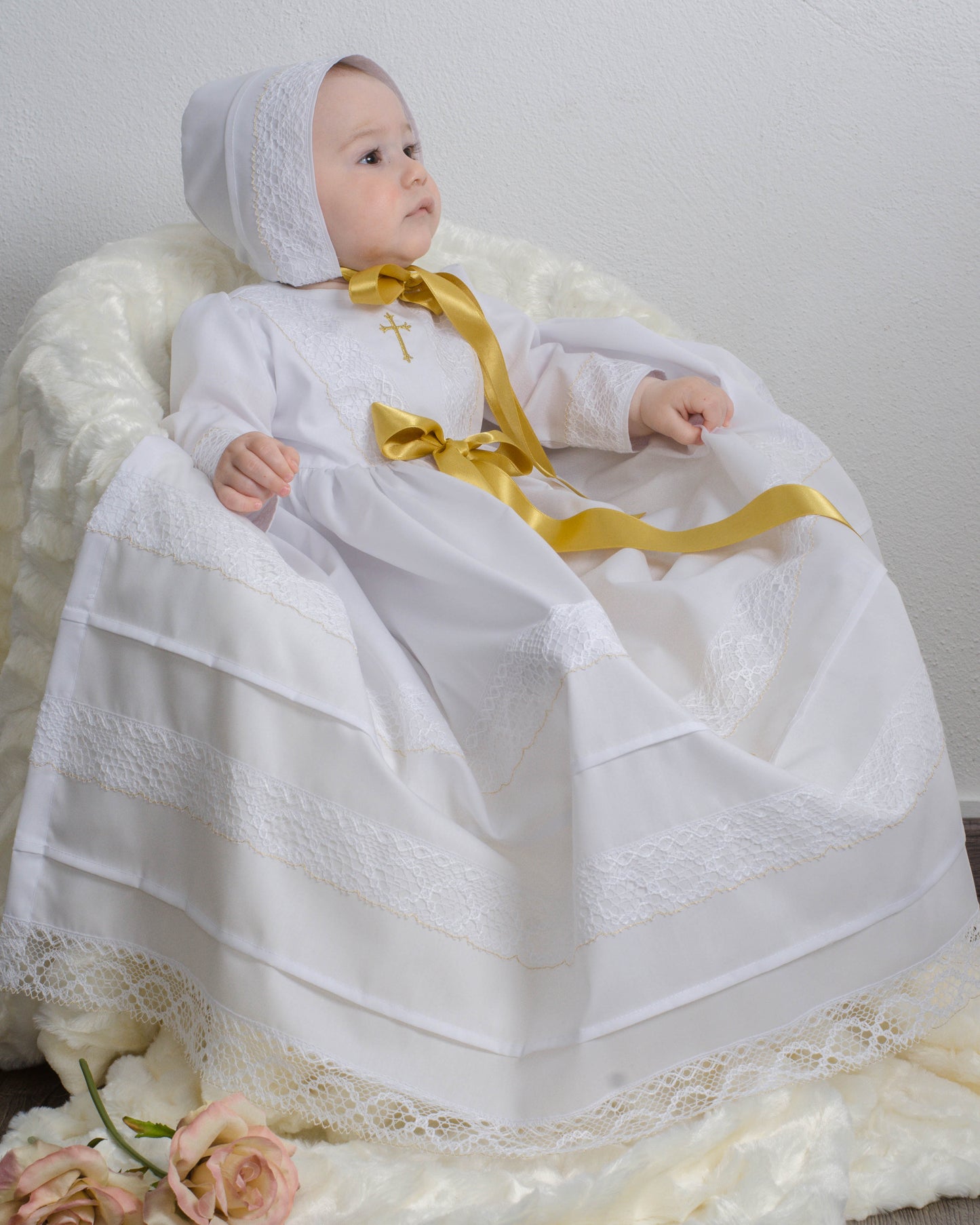 JONA Taufkleid mit Mütze, Baumwolle, Junge und Mädchen, mit Kreuz in gold oder silber