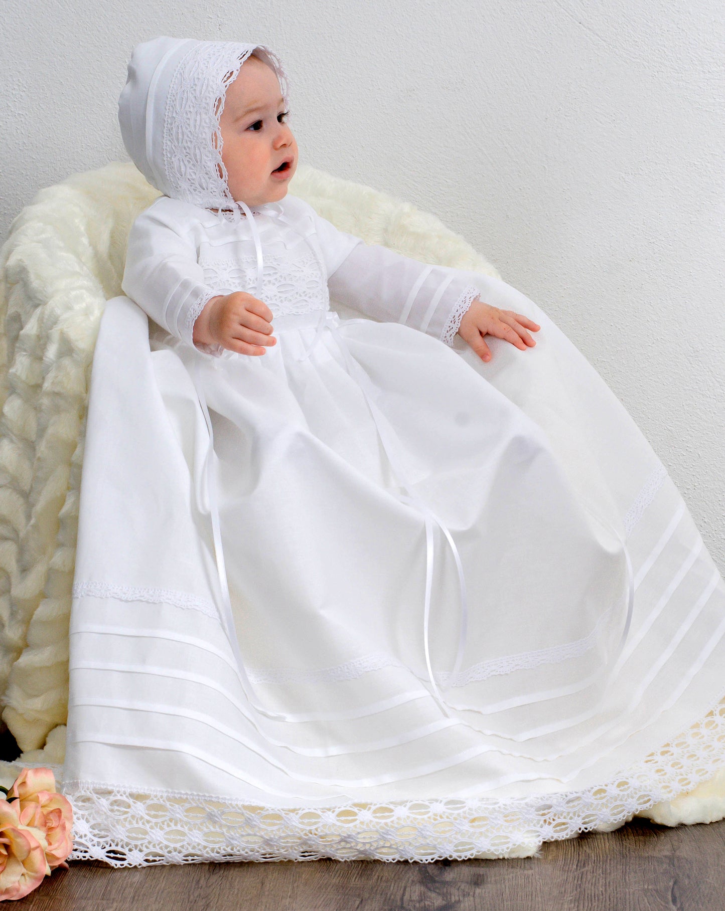 ROMA Taufkleid mit Mütze aus Leinen, für Jungen und Mädchen, Familientaufkleid