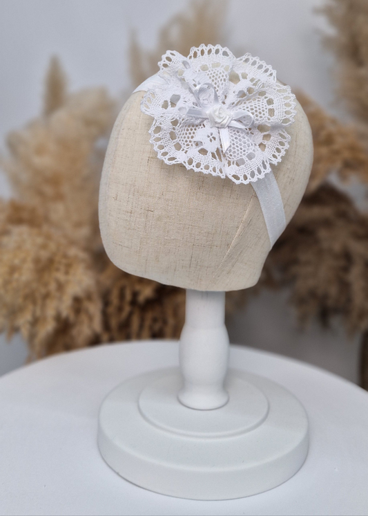 Stirnband MARIA mit Blume aus Spitze, Haarband für Mädchen Taufe, Hochzeit