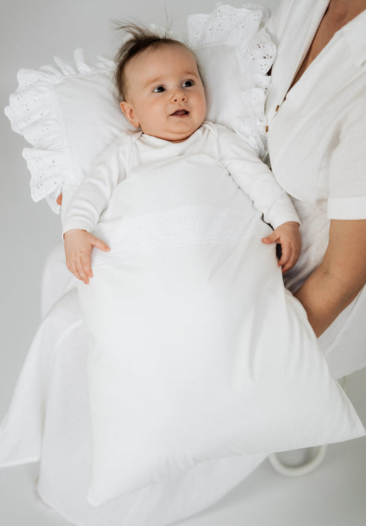 SEBASTIAN Taufkissen, Steckkissen Baby, Junge,  Mädchen aus Baumwolle, Kinderwagenkissen