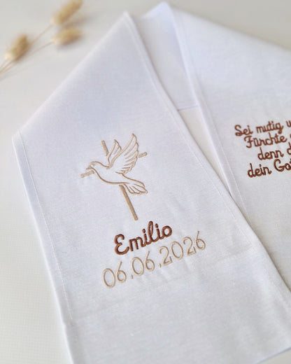 Taufschal EMILIO bestickt mit Kreuz und Taube, personalisiert mit Namen + Datum + Spruch