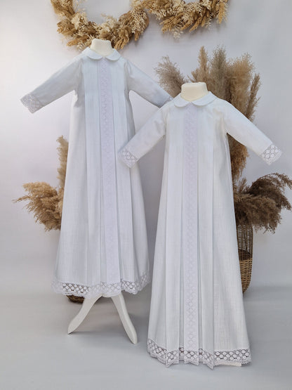 Handgefertigtes modernes weißes Taufkleid aus Baumwolle für Babys